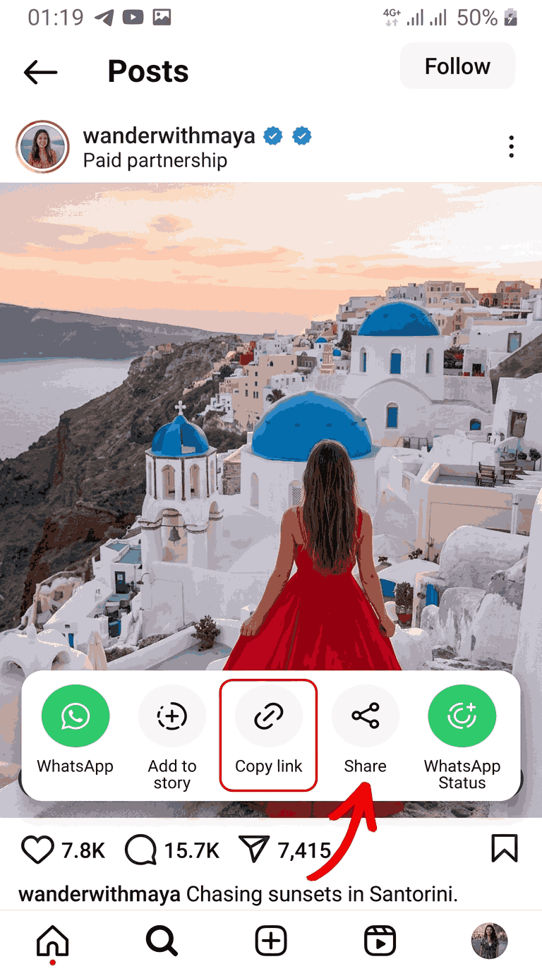 Copy the Instagram link from the share menu