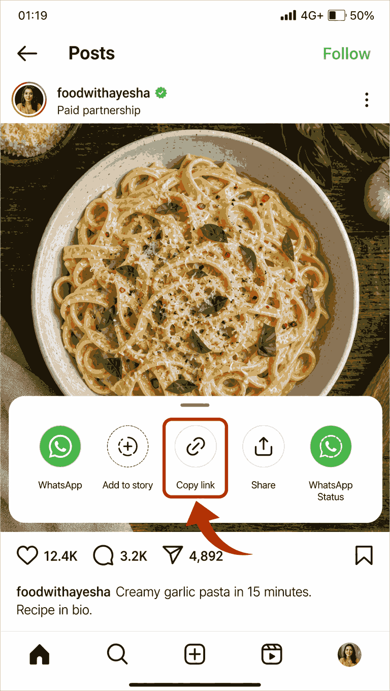 Copy the Instagram video link from the share menu