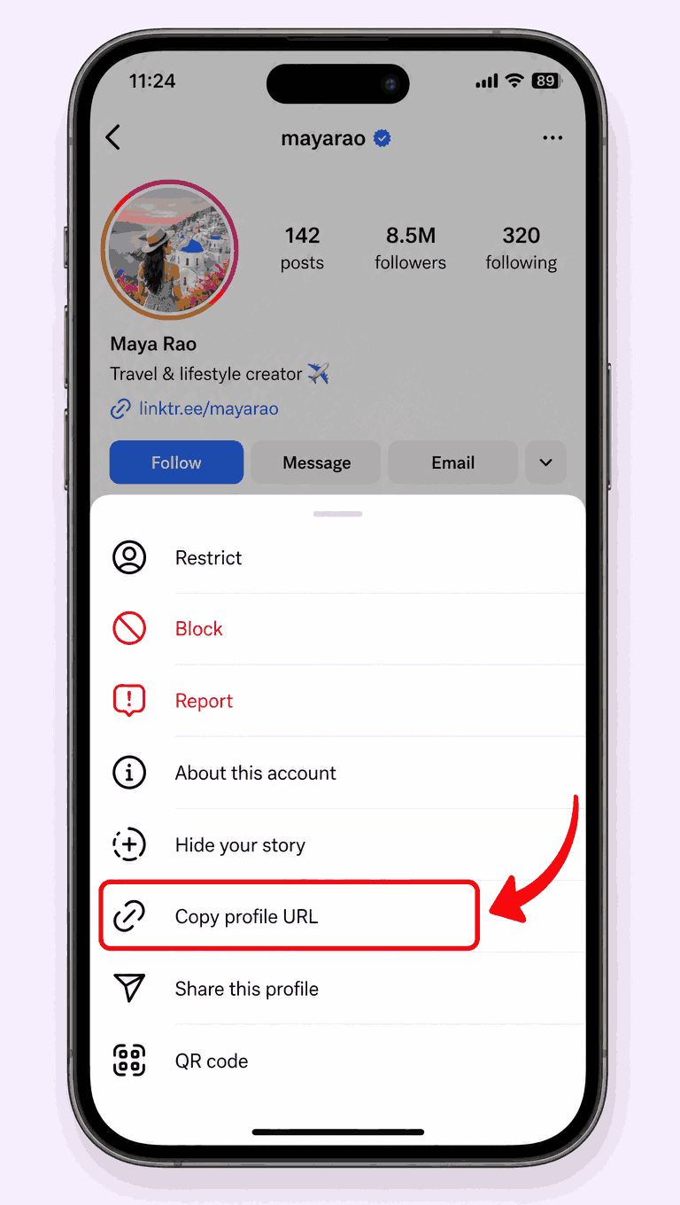 Copy the Instagram profile link from the share menu