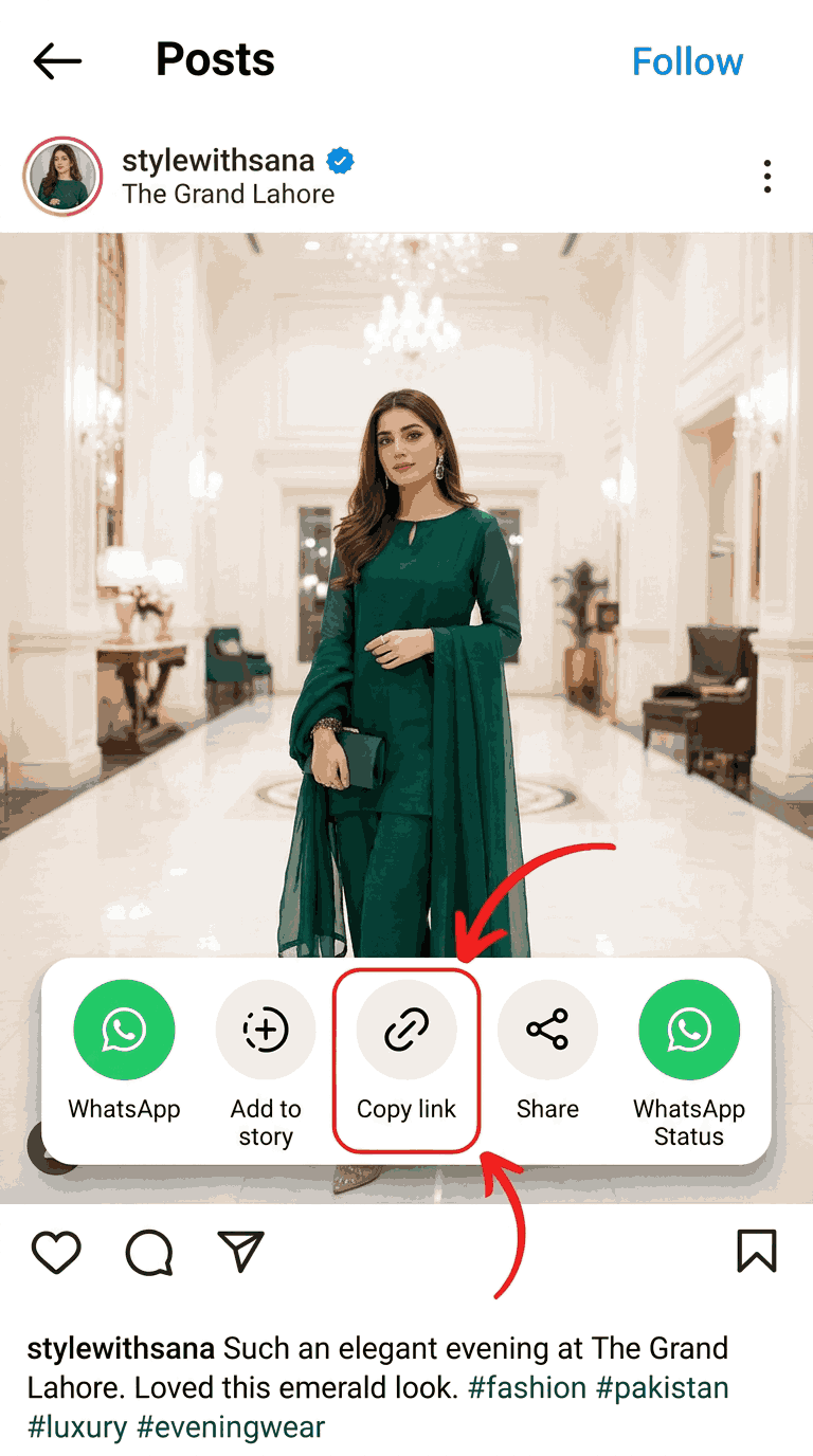 Copy the Instagram post link from the share menu