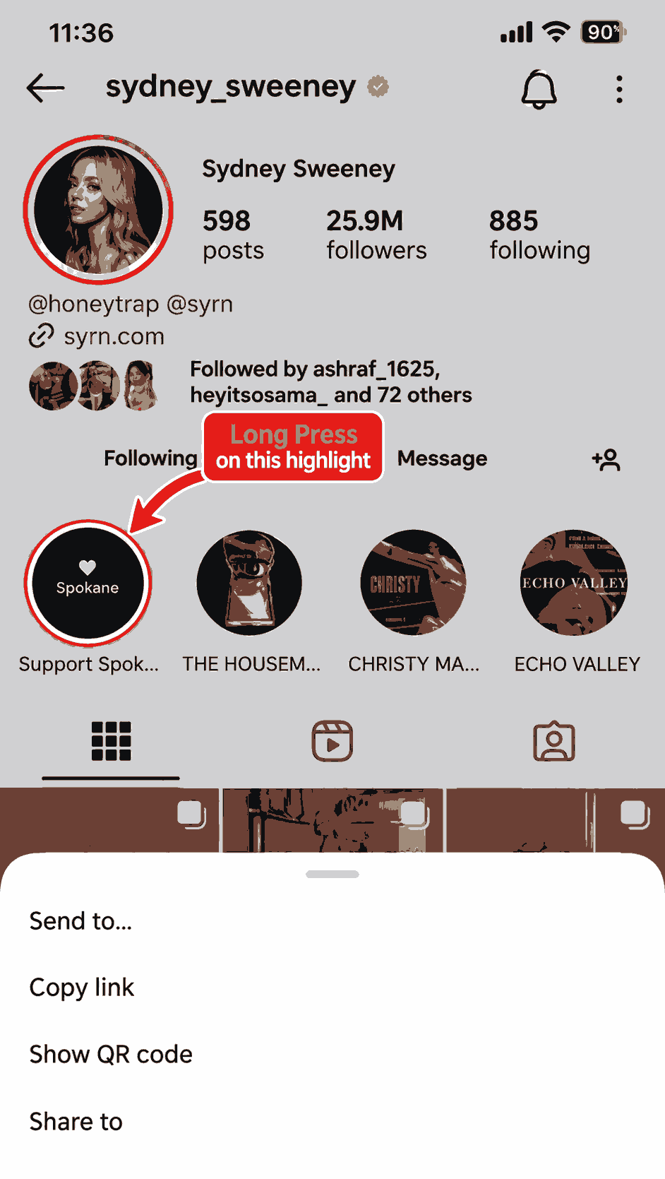 Copy the Instagram highlight link from the share menu